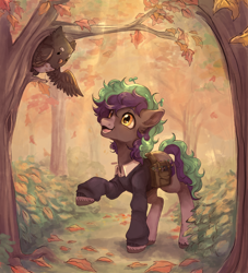 Size: 3362x3701 | Tagged: safe, artist:thekiwibunny, oc, oc only, oc:forest dew, oc:willow, bird, earth pony, owl, pony, autumn, bag, book, clothes, coat markings, crepuscular rays, detailed background, forest, full body, happy, high res, leaf, leaves, male, markings, multicolored hair, nature, outdoors, plant, saddle bag, shading, socks (coat markings), solo, stallion, sweater, tree, unshorn fetlocks