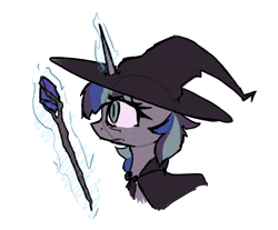 Size: 1452x1202 | Tagged: safe, artist:foxtrnal, oc, oc only, oc:stellar stars, pony, unicorn, bust, colored sketch, hat, horn, magic, magic wand, simple background, sketch, solo, telekinesis, unicorn oc, white background, wizard hat