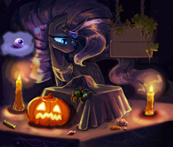 Size: 4700x4000 | Tagged: safe, artist:anastas, part of a set, nightmare rarity, pony, spider, unicorn, series:ask nightmare rarity, g4, ask, candle, candlelight, candy, detailed background, ethereal mane, eyelashes, eyeshadow, female, flowing mane, food, halloween, holiday, horn, indoors, jewelry, makeup, mare, mlp art ask (ru), nightmare night, nightmarified, pumpkin, regalia, slit pupils, solo, spider web, starry mane, starry tail, tail