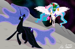 Size: 5600x3700 | Tagged: safe, artist:naret_web, nightmare moon, princess celestia, alicorn, mlp fim's fourteenth anniversary, g4, banishment, blood, crying, duo, duo female, element of generosity, element of honesty, element of kindness, element of laughter, element of loyalty, element of magic, elements of harmony, female, hoof shoes, mare, missing accessory, moon, planet, scene interpretation, space, stars