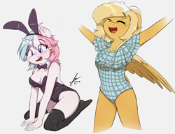 Size: 4188x3224 | Tagged: safe, artist:potato22, oc, oc only, oc:cottonsweets, oc:mareota, pegasus, unicorn, anthro, breasts, bunny ears, bunny suit, clothes, duo, duo female, female, horn, socks, thigh highs