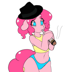 Size: 1024x1024 | Tagged: safe, artist:tolsticot, derpibooru exclusive, edit, editor:popusk, pinkie pie, earth pony, semi-anthro, g4, adorasexy, alternate hairstyle, belly, belly button, bloodshot eyes, blue underwear, blunt, clothes, cute, diapinkes, drug use, drugs, fedora, female, hat, hoof hold, lidded eyes, mare, marijuana, midriff, no pupils, panties, pigtails, pinkie high, sexy, shorts, simple background, smoking, solo, tank top, underwear, white background