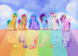 Size: 3004x2160 | Tagged: safe, artist:noasha, applejack, fluttershy, hitch trailblazer, izzy moonbow, misty brightdawn, pinkie pie, pipp petals, rainbow dash, rarity, sunny starscout, twilight sparkle, zipp storm, alicorn, earth pony, pegasus, pony, unicorn, g4, g5, female, high res, hitch and his heroine, horn, izzy and her heroine, male, mane five, mane six, mane six (g5), mare, misty and her heroine, open mouth, open smile, outdoors, pipp and her heroine, pipp is short, rainbow, rebirth misty, reflection, smiling, spread wings, stallion, sunny and her heroine, sunny's bag, twilight sparkle (alicorn), wings, zipp and her heroine, zipp is tall