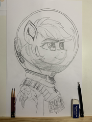 Size: 3024x4032 | Tagged: safe, artist:ciaran, derpibooru exclusive, rainbow dash, pegasus, pony, mlp fim's fourteenth anniversary, g4, my little pony: friendship is magic, scare master, season 5, astrodash, astronaut, clothes, cosplay, costume, drafting board, eraser, female, halloween, helmet, hidden wings, holiday, hoof shoes, looking up, mare, monochrome, nightmare night, nightmare night costume, pencil, pencil drawing, photo, simple background, smiling, solo, spacesuit, traditional art, white background