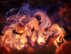 Size: 2560x1920 | Tagged: safe, artist:sweettsa1t, oc, oc only, earth pony, pony, broom, candle, cheek fluff, ear fluff, female, flying, flying broomstick, halloween, hat, high res, holiday, jack-o-lantern, mare, night, outdoors, pumpkin, signature, solo, unshorn fetlocks, witch hat