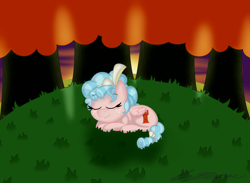 Size: 1844x1348 | Tagged: safe, artist:pixelemelee, cozy glow, pegasus, pony, g4, autumn, commission, cozybetes, cute, eyes closed, female, filly, foal, folded wings, forest, grass, lying down, nature, outdoors, peaceful, sleeping, smiling, sunset, tree, wings