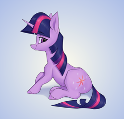 Size: 2900x2800 | Tagged: safe, artist:aquaticvibes, twilight sparkle, pony, unicorn, g4, female, gradient background, looking at you, mare, sitting, smiling, solo, unicorn twilight