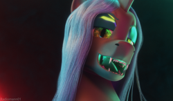 Size: 3000x1756 | Tagged: safe, artist:radiomann01, queen chrysalis, changeling, changeling queen, g4, 3d, blender, blender cycles, gradient background, looking at you, open mouth, sharp teeth, smiling, teeth