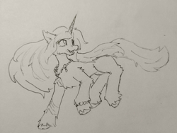 Size: 4080x3072 | Tagged: safe, artist:ollie sketchess, izzy moonbow, pony, unicorn, g5, spoiler:g5, concave belly, female, horn, horn markings, jumping, long mane, mare, photo, solo, tail, traditional art, turned head, windswept mane, windswept tail