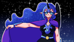 Size: 1920x1080 | Tagged: safe, artist:mylittleyuri, nightmare moon, princess luna, human, g4, alicorn humanization, belt, breasts, clothes, dress, elf ears, fangs, female, helmet, horned humanization, humanized, night, solo, stars, winged humanization, wings