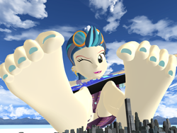 Size: 5000x3750 | Tagged: safe, artist:dragonalex555, indigo zap, human, equestria girls, g4, my little pony equestria girls: friendship games, 3d, barefoot, electric guitar, feet, fetish, foot fetish, giant human, guitar, guitar solo, looking at you, mega giant, mmd, musical instrument, nail polish, one eye closed, outdoors, playing guitar, playing instrument, scrunching toes, singing, toenail polish, toenails, toes, wink, winking at you