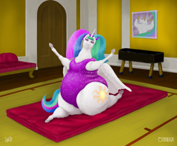 Size: 1400x1155 | Tagged: safe, artist:soobel, bulk biceps, princess celestia, alicorn, pony, g4, chubbylestia, exercise, fat, flexible, gym, indoors, looking at you, obese, poster, splits