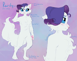 Size: 2000x1600 | Tagged: safe, artist:abbytabbys, part of a set, rarity, abyssinian, anthro, fanfic:broken destiny, g4, abyssinianized, alternate universe, blue eyes, blue eyeshadow, blue sclera, blue text, blush lines, blushing, broken destiny au, bushy tail, cheek fluff, chest fluff, colored eyebrows, colored paw pads, colored pinnae, colored sclera, elbow fluff, eyelashes, eyeshadow, female, floppy ears, gradient background, hock fluff, looking away, makeup, paw pads, paws, profile, purple hair, raised arm, raricat, reference sheet, ringlets, smiling, solo, species swap, standing, tail, three quarter view, transformed, white fur