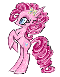 Size: 1391x1782 | Tagged: safe, artist:eyerealm, pinkie pie, earth pony, pony, g4, alternate cutie mark, alternate design, big eyes, blue eyes, blue pupils, bow, coat markings, colored pinnae, colored pupils, curly mane, curly tail, drawpile, eyelashes, eyeshadow, female, hair accessory, hair bow, leg markings, long eyelashes, makeup, mane accessory, mare, pink coat, pink eyeshadow, pink mane, pink tail, profile, rearing, simple background, slender, smiling, solo, sparkly eyeshadow, striped mane, striped tail, swirls, swirly markings, tail, tall ears, thin, white background, yellow bow