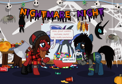 Size: 3127x2170 | Tagged: safe, artist:lightningbolt, derpibooru exclusive, nightmare moon, bat, earth pony, pony, spider, undead, zombie, zombie pony, mlp fim's fourteenth anniversary, .svg available, axe, bags under eyes, beanie, bone, boots, bowl, bring me the horizon, button-up shirt, candy, candy bowl, clothes, coca-cola, colored pupils, confused, corn, costume, cup, decoration, drink, drop dead clothing, duo, duo male, facial hair, fake beard, fangs, food, halloween, hat, holiday, indoors, jack-o-lantern, jacket, josh franceschi, lidded eyes, lumberjack, male, messy mane, messy tail, nightmare night, oliver sykes, open clothes, open jacket, open mouth, ponified, pumpkin, question mark, raised hoof, rolled up sleeves, scar, shirt, shoes, show accurate, soda can, speech bubble, spider web, stallion, standing, stitches, svg, tail, talking, tattoo, torn clothes, underhoof, vector, weapon, you me at six