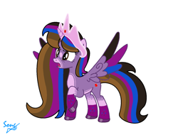 Size: 1324x1004 | Tagged: safe, artist:brightstar40k, oc, oc only, oc:princess kincade, alicorn, pony, alicorn oc, horn, rainbow power, raised hoof, simple background, solo, spread wings, white background, wings