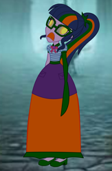 Size: 2219x3412 | Tagged: safe, artist:cartoonmasterv3, sci-twi, twilight sparkle, human, undead, zombie, equestria girls, g4, clothes, disguise, dress, halloween, halloween 2024, holiday, infected, long dress, long skirt, skirt, solo