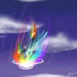 Size: 2449x2449 | Tagged: safe, artist:yozora122, rainbow dash, pegasus, pony, g4, female, flying, mare, night, outdoors, solo, sonic rainboom, stars