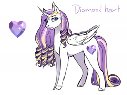 Size: 1969x1471 | Tagged: safe, artist:yozora122, oc, oc only, oc:diamond heart, alicorn, pony, alicorn oc, concave belly, curved horn, female, horn, jewelry, magical lesbian spawn, mare, next generation, offspring, parent:princess cadance, parent:rarity, parents:raridance, reference sheet, simple background, solo, sternocleidomastoid, white background, wings