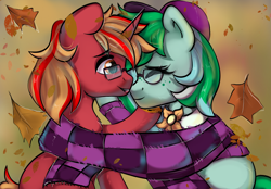 Size: 2360x1640 | Tagged: safe, artist:kristina, oc, oc only, pony, unicorn, autumn, clothes, commission, community related, couple, cute, duo, glasses, horn, leaves, scarf, shared clothing, shared scarf, striped scarf, ych result