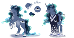 Size: 2900x1500 | Tagged: safe, artist:yozora122, oc, oc only, oc:cloudhaze, pony, unicorn, chest fluff, clothes, curved horn, ethereal mane, ethereal tail, horn, magical lesbian spawn, male, next generation, offspring, parent:mistmane, parent:princess luna, parents:mistluna, rearing, reference sheet, simple background, solo, stallion, tail, white background