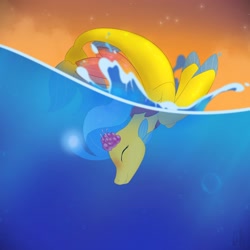 Size: 3638x3638 | Tagged: safe, artist:azilluwu, princess skystar, seapony (g4), g4, bioluminescent, bubble, crepuscular rays, cute, digital art, dorsal fin, eyes closed, female, fin, fin wings, fins, fish tail, flower, flower in hair, flowing mane, flowing tail, happy, jewelry, necklace, ocean, pearl necklace, smiling, solo, sunlight, swimming, tail, underwater, water, wings