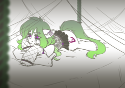 Size: 1684x1191 | Tagged: safe, artist:sehad, oc, oc only, oc:dife, pegasus, pony, bed, canopy bed, clothes, commission, ear piercing, fishnet clothing, fishnet stockings, goth, green hair, makeup, piercing, ribbon, running makeup, sketch, solo, stockings, thigh highs