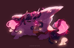 Size: 3193x2098 | Tagged: safe, artist:yozora122, twilight sparkle, oc, oc:karma, alicorn, draconequus, hybrid, pony, g4, brown background, duo, female, interspecies offspring, lying down, mama twilight, mare, offspring, parent:discord, parent:twilight sparkle, parents:discolight, prehensile mane, prone, simple background, twilight sparkle (alicorn)