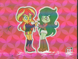 Size: 2560x1920 | Tagged: safe, alternate version, artist:theratedrshimmer, sunset shimmer, wallflower blush, human, equestria girls, g4, '90s, alternate clothes, anime, cute, duo, duo female, fake screencap, female, flowerbetes, lesbian, retro, shimmerbetes, ship:wallset, shipping