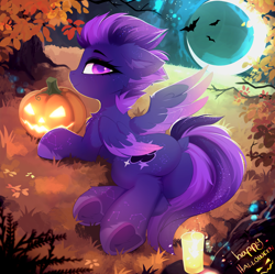 Size: 3394x3380 | Tagged: safe, artist:empress-twilight, oc, oc only, oc:shadow galaxy, bat, pegasus, pony, body markings, butt, candle, cheek fluff, chest fluff, commission, crescent moon, detailed background, dock, ear fluff, ethereal mane, eyebrows, female, grass, halloween, high res, holiday, hooves, jack-o-lantern, leg fluff, looking at you, looking back, looking back at you, lying down, mare, moon, on side, one wing out, outdoors, pegasus oc, plot, pumpkin, rear view, smiling, smiling at you, solo, starry mane, starry tail, starry wings, tail, tree, underhoof, unshorn fetlocks, wings, ych result