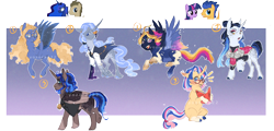 Size: 2526x1209 | Tagged: safe, artist:yozora122, doctor whooves, flash sentry, princess luna, time turner, twilight sparkle, oc, oc only, oc:comet trail, oc:dr hooves, oc:evenfall sparkle, oc:selene, oc:silent neptune, oc:stella equinox hooves, oc:violet nova sentry, alicorn, earth pony, pony, unicorn, g4, adoptable, alicorn oc, beard, blushing, book, clothes, doctorluna, ear piercing, earring, embarrassed, eyepatch, facial hair, female, flying, glasses, horn, jacket, jewelry, male, mare, necklace, necktie, next generation, offspring, parent:doctor whooves, parent:flash sentry, parent:princess luna, parent:twilight sparkle, parents:flashlight, parents:lunawhooves, piercing, reading, ship:flashlight, shipping, spread wings, starry eyes, straight, unshorn fetlocks, waistcoat, wingding eyes, wings