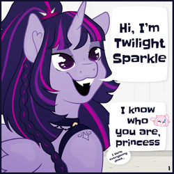 Size: 4500x4500 | Tagged: safe, artist:audreen, twilight sparkle, oc, alicorn, pony, g4, alternate hairstyle, braid, duo, fangs, female, mare, open mouth, speech bubble, sweat, twilight sparkle (alicorn)