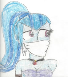 Size: 760x860 | Tagged: safe, artist:bluesplendont, sonata dusk, equestria girls, g4, bondage, bound and gagged, cloth gag, gag, jewelry, necklace, simple background, solo, traditional art, white background