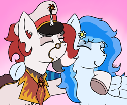 Size: 1238x1018 | Tagged: safe, artist:thomas.senko, oc, oc only, oc:red rocket, oc:winter white, pegasus, unicorn, equestria at war mod, clothes, collar, duo, flower, glasses, gradient background, hat, horn, necktie, peaked cap, pegasus oc, unicorn oc, uniform