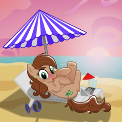 Size: 4800x4800 | Tagged: safe, artist:cranberry-tofu, oc, oc only, oc:jade, earth pony, pony, absurd resolution, beach, beach chair, beach umbrella, chair, drink, female, mare, ocean, outdoors, solo, sun, sunglasses, water