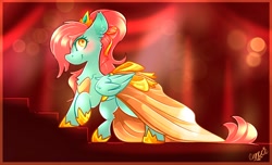 Size: 2752x1668 | Tagged: safe, artist:ezzerie, oc, oc only, pegasus, pony, bow, clothes, crown, dress, female, jewelry, ponytail, regalia, shoes, solo, tiara