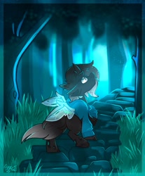 Size: 2322x2798 | Tagged: safe, artist:ezzerie, oc, oc only, oc:split, changeling, pony, clothes, forest, grass, nature, outdoors, solo, sweater, trail, tree