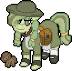 Size: 632x624 | Tagged: safe, artist:bloonacorn, oc, oc only, oc:mae baskets, earth pony, apron, clothes, digital art, earth pony oc, figurine, helmet, pixel art, simple background, solo, transparent background