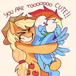 Size: 1280x1280 | Tagged: safe, artist:ssuminv, applejack, rainbow dash, earth pony, pegasus, pony, g4, applejack's hat, bear hug, blushing, butt touch, cowboy hat, cute, dialogue, duo, duo female, eyes closed, female, freckles, grin, hairband, hat, heart, heart eyes, hoof on butt, hug, lesbian, mare, motion blur, outline, pinpoint eyes, puffy cheeks, ship:appledash, shipping, signature, simple background, smiling, spread wings, tied hair, white background, wide eyes, wingding eyes, wings