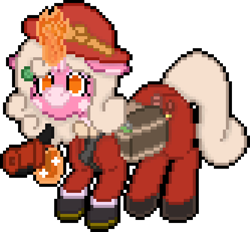 Size: 664x616 | Tagged: safe, artist:bloonacorn, oc, oc only, oc:bloona blazes, unicorn, /mlp/ tf2 geenral, /mlp/ tf2 general, bag, bandolier, digital art, flare gun, hat, horn, magic, pixel art, saddle bag, simple background, solo, team fortress 2, telekinesis, transparent background