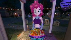 Size: 2560x1440 | Tagged: safe, artist:oatmeal!, pinkie pie, ghost, human, undead, equestria girls, g4, 3d, bag, bare shoulders, belly, belly button, big breasts, breasts, candy, candy bag, clothes, costume, dc comics, decoration, food, gmod, gravestone, halloween, halloween costume, holiday, jack-o-lantern, looking at you, night, outdoors, pumpkin, short shirt, solo, standing, starfire, superhero, teen titans, trick or treat, wide eyes