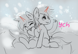 Size: 2360x1640 | Tagged: safe, oc, alicorn, earth pony, pegasus, pony, unicorn, commission, community related, couple, cute, duo, heart, horn, snow, ych example, ych sketch, your character here