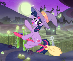 Size: 1539x1291 | Tagged: safe, artist:shieldwingarmorofgod, artist:xastralatlasx, twilight sparkle, pony, unicorn, g4, broom, clothes, costume, flying, flying broomstick, halloween, halloween costume, hat, holiday, horn, nightmare night, outdoors, screencap background, solo, unicorn twilight, witch, witch hat