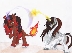 Size: 1591x1183 | Tagged: safe, artist:tazzy-girl, oc, oc only, oc:braveheart, oc:poetic flare, dracony, dragon, hybrid, pony, unicorn, crying, female, horn, magic, male, mare, stallion, tail, tail of fire, traditional art