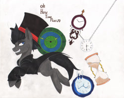 Size: 1947x1552 | Tagged: safe, artist:tazzy-girl, oc, oc:locked heart, pony, clock, clothes, hat, hourglass, male, solo, stallion, top hat, traditional art