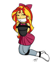 Size: 1024x1280 | Tagged: safe, artist:cpuknightx1, sunset shimmer, equestria girls, g4, bondage, bound and gagged, bow, cloth gag, gag, simple background, solo, tied up, white background