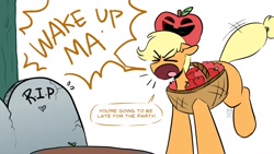 Size: 1600x900 | Tagged: safe, artist:redxbacon, applejack, earth pony, pony, g4, ><, apple, apple basket, clothes, costume, crossing the line twice, dark comedy, dialogue, emanata, eyes closed, female, food, grave, gravestone, halloween, halloween costume, hat, holiday, implied pear butter, mare, open mouth, ponytober, ponytober 2024, pumpkin hat, simple background, that pony sure does love apples, we are going to hell, white background, yelling