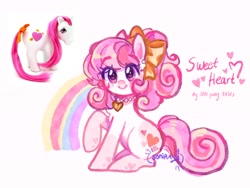 Size: 2048x1536 | Tagged: safe, artist:sonira24, sweetheart, earth pony, pony, g1, my little pony tales, bow, ear piercing, earring, female, hair bow, heart, heart eyes, heart mark, jewelry, looking at you, necklace, piercing, rainbow, raised hoof, signature, smiling, smiling at you, tail, toy, toy reference, wingding eyes