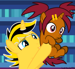 Size: 1333x1231 | Tagged: safe, artist:ponkusdraws, artist:small-brooke1998, alicorn, pony, unicorn, base used, bumblebee (transformers), crossover, horn, indoors, sari sumdac, transformers, transformers animated