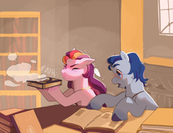 Size: 2126x1637 | Tagged: safe, artist:aztrial, argyle starshine, velvet starscout, earth pony, pony, g5, blowing, book, bookhorse, duo, duo male and female, dust, female, glasses, indoors, library, male, mare, maretime bay, missing page, shading, shipping, stallion, straight, unitober 2024, younger